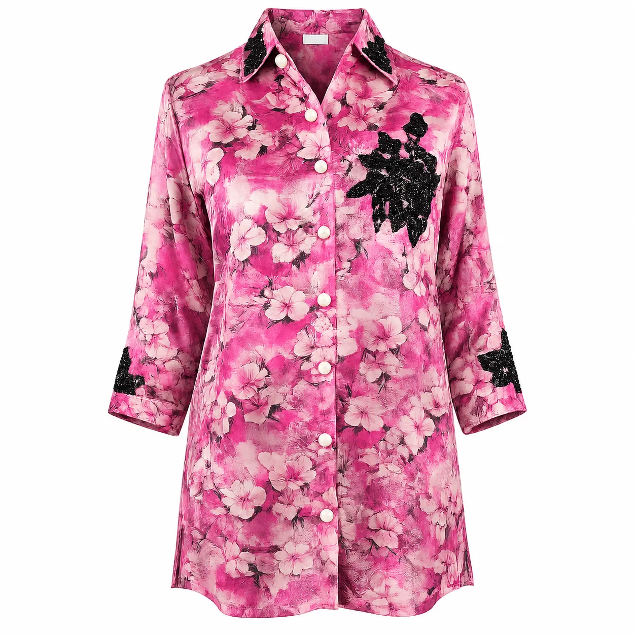 Pink Floral Embellished Satin Shirt